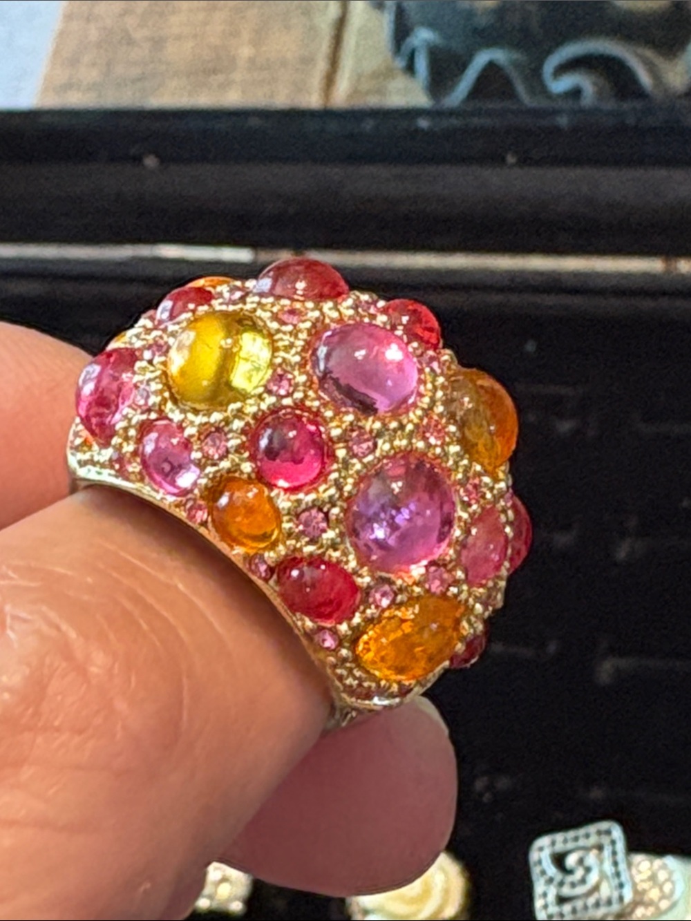 Multi-Color Cabochon Dome Ring - Pink, Orange & Yellow-Size 8.5